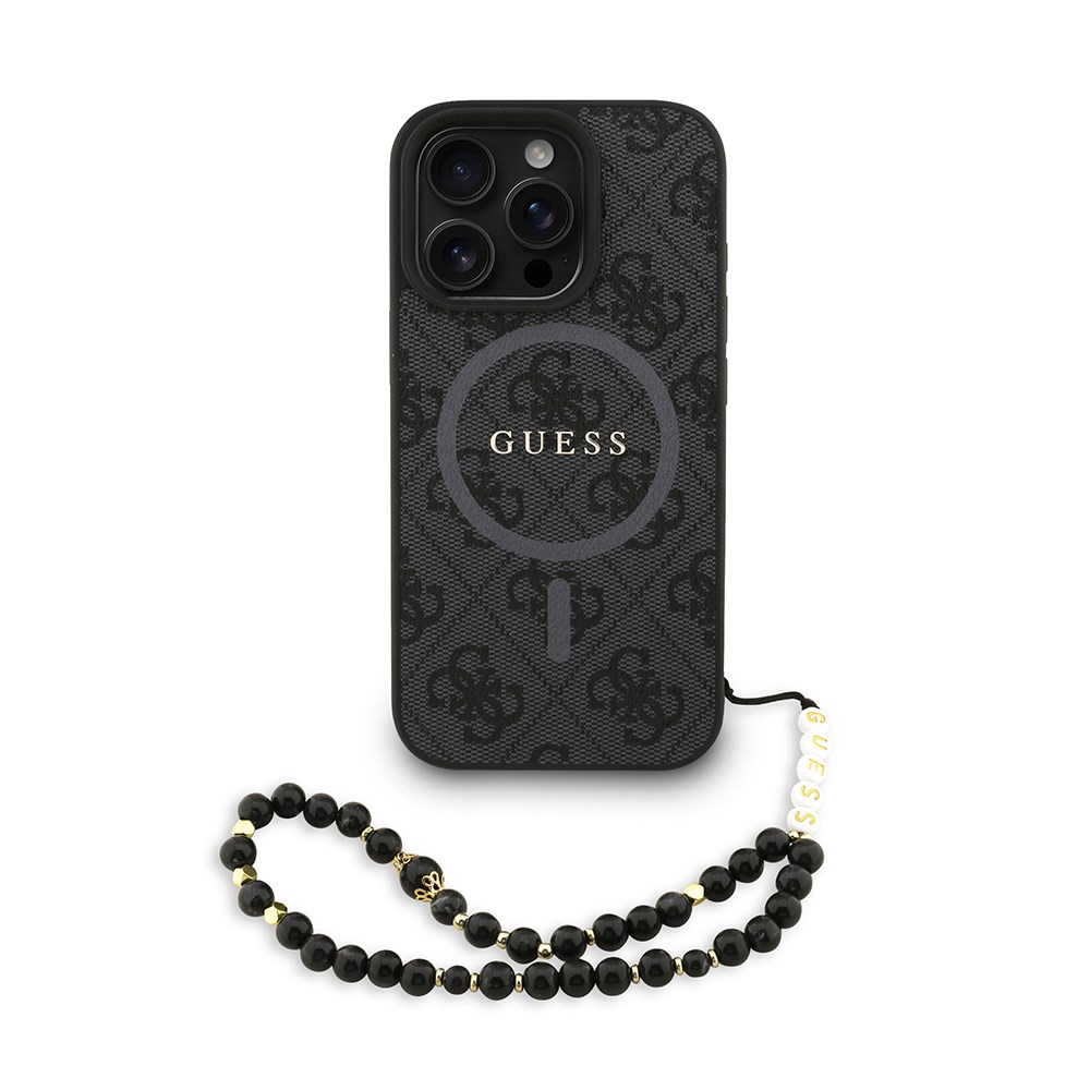 Apple iPhone 16 Pro Max Kılıf Guess Orjinal Lisanslı M-safe Şarj Özellikli PU Deri Bilek Askı İpli Yazı Logolu Kapak