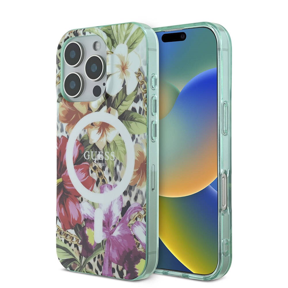 Apple iPhone 16 Pro Max Kılıf Guess Orjinal Lisanslı M-safe Şarj Özellikli IML Baskılı Jungle Ring Kapak