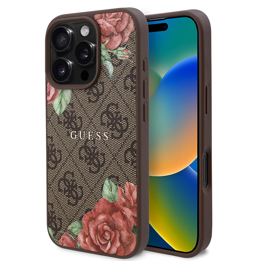 Apple iPhone 16 Pro Max Kılıf Guess Orjinal Lisanslı M-safe Şarj Özellikli Gül Baskılı 4G Desenli Yazı Logolu Kapak