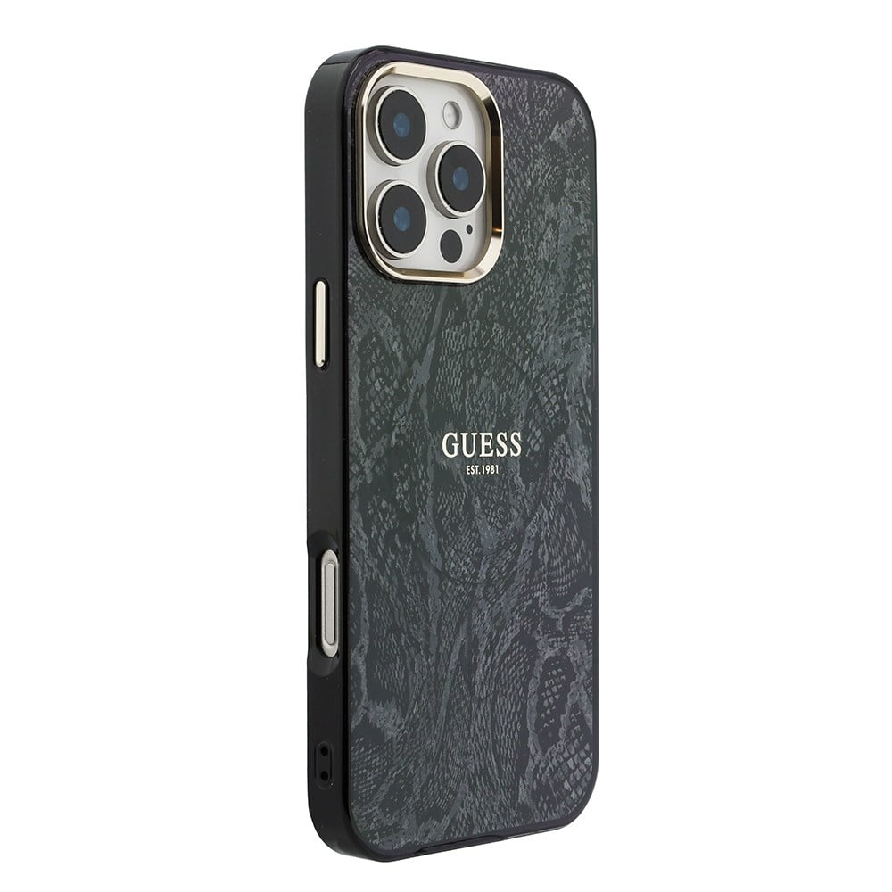 Apple iPhone 16 Pro Max Kılıf Guess Orjinal Lisanslı M-safe Şarj Özellikli Yazı Logolu Python Desenli Kapak