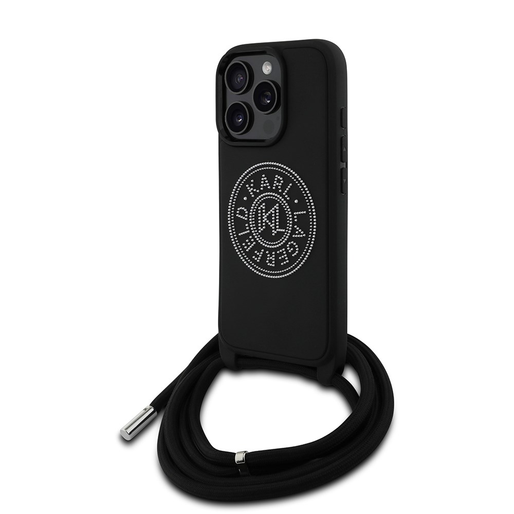 Apple iPhone 16 Pro Max Kılıf Karl Lagerfeld Orjinal Lisanslı Askı İpli Taşlı KL Yazılı Crossbody Cord Kapak