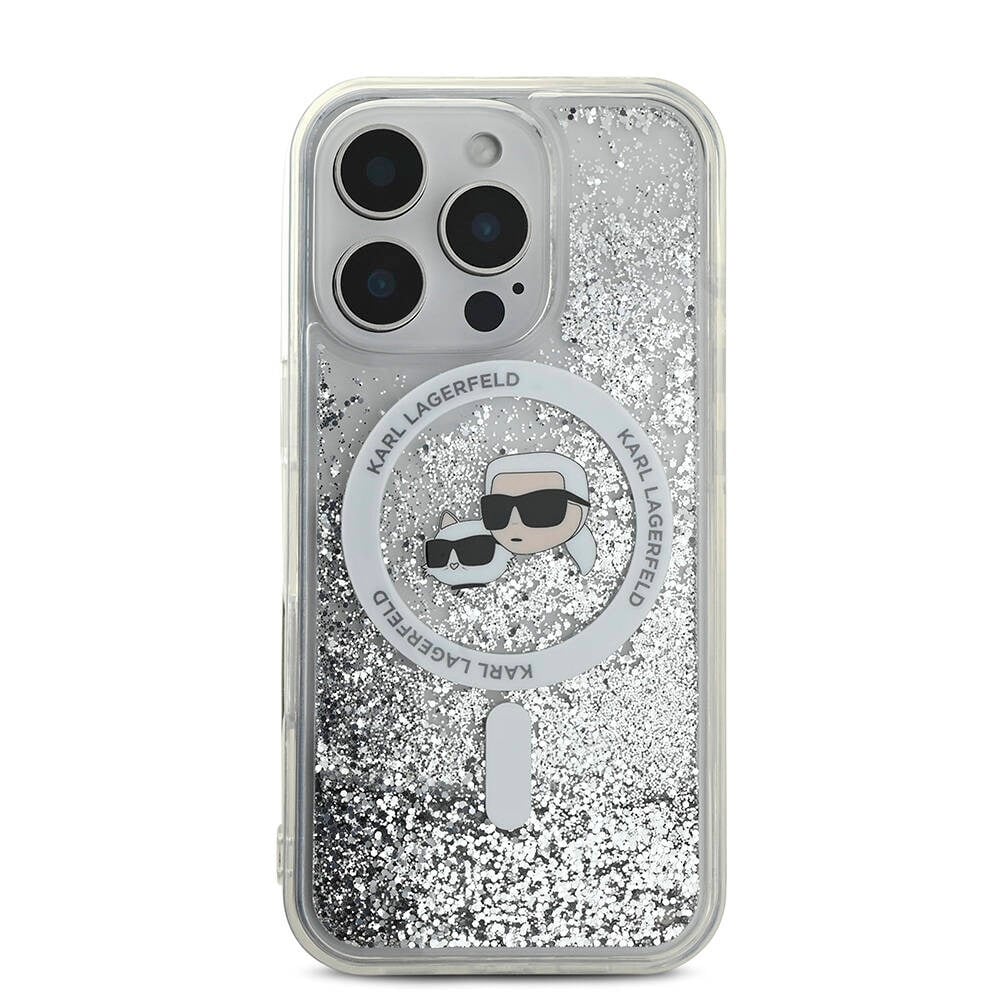 Apple iPhone 16 Pro Max Kılıf Karl Lagerfeld Orjinal Lisanslı M-safe Şarj Özellikli Sıvılı Simli KC Heads Kapak