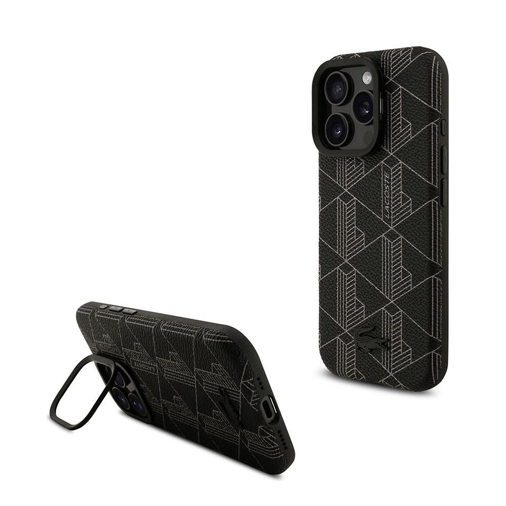 Apple iPhone 16 Pro Max Kılıf Lacoste Orjinal Lisanslı M-safe Şarj Özellikli Standlı PU Deri Karışık Monogram Desenli Kapak