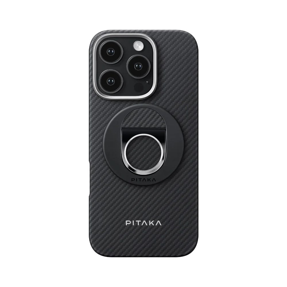 Apple iPhone 16 Pro Max Kılıf M-safe Şarj Özellikli Grip 3 Standlı Aramid Fiber Pitaka Military Grade Classic Serisi Black-Grey Twill Kapak