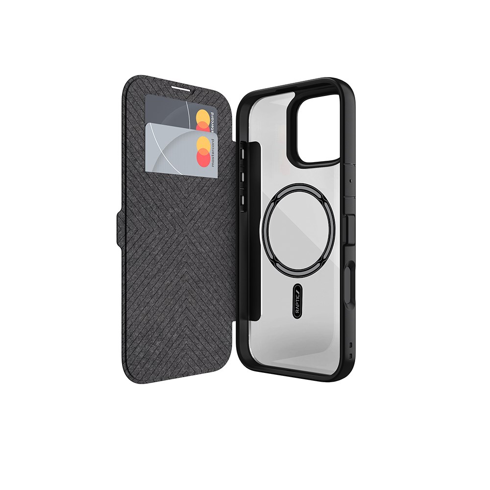 Apple iPhone 16 Pro Max Kılıf M-safe Şarj Özellikli Vegan Deri Tasarımlı Şeffaf Arka Yüzey Kartlıklı Raptic Urban Folio Serisi Kapak