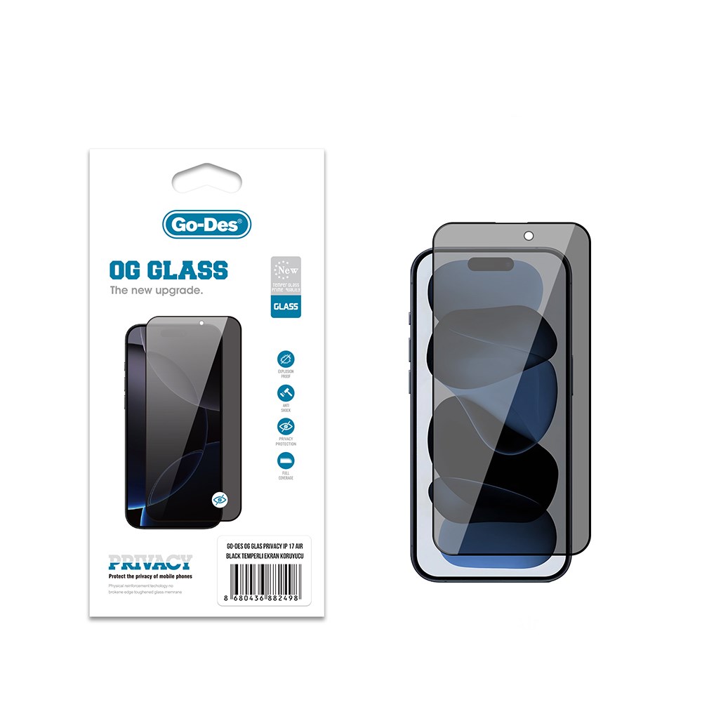 Apple iPhone 17 Air Go Des OG Glass Privacy Antistatik Temperli Cam Ekran Koruyucu