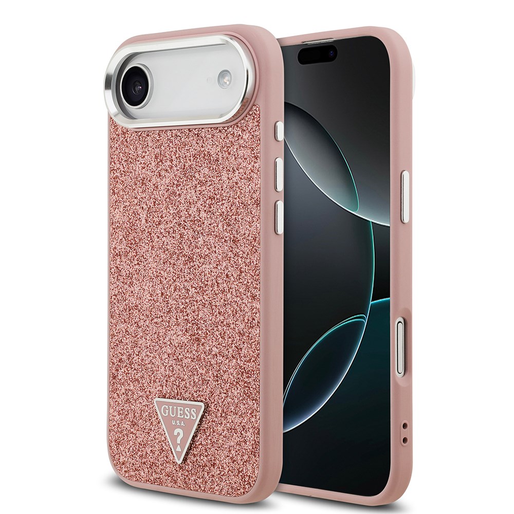 Apple iPhone 17 Air Kılıf Guess Orjinal Lisanslı M-safe Şarj Özellikli Metal Kamera Çerçeveli Üçgen Logolu Glitter Kapak