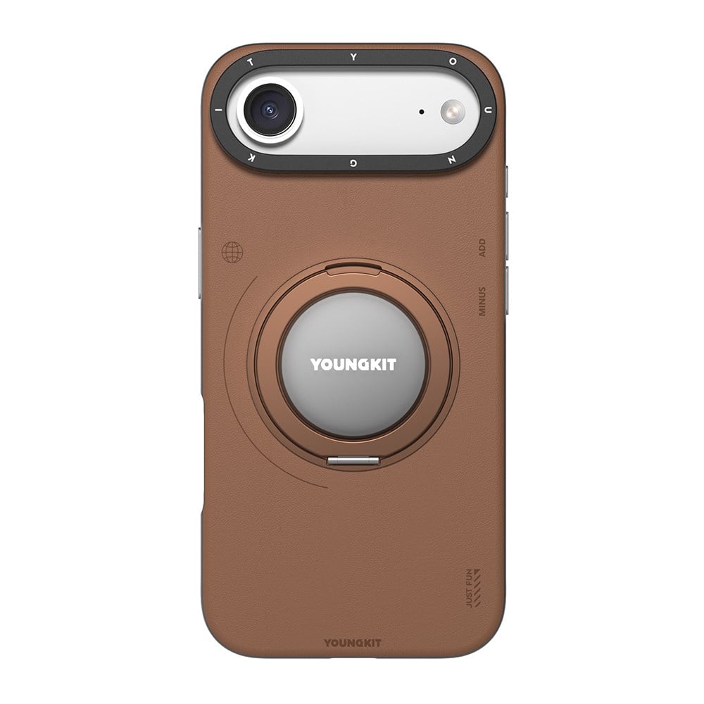 Apple iPhone 17 Air Kılıf M-safe Şarj Özellikli 360 Derece Standlı Basit Mat Deri Desenli Youngkit Tech Leather Serisi Kapak