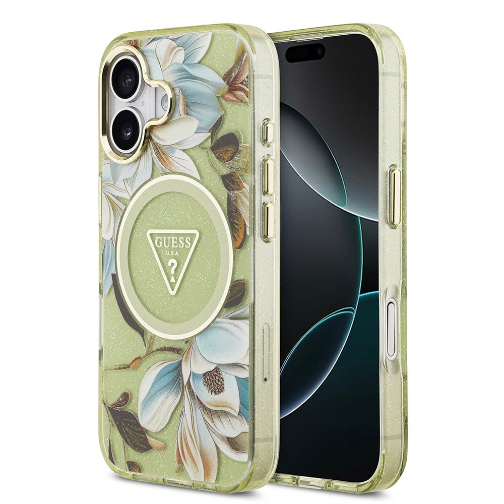 Apple iPhone 17 Kılıf Guess Orjinal Lisanslı M-safe Şarj Özellikli Simli Çiçek Desenli Metal Kamera Çerçeveli Üçgen Logolu Kapak