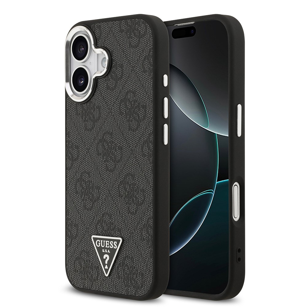 Apple iPhone 17 Kılıf Guess Orjinal Lisanslı M-safe Şarj Özellikli Gümüş Metal Kamera Çerçeveli Üçgen Logo 4G Desenli Kapak