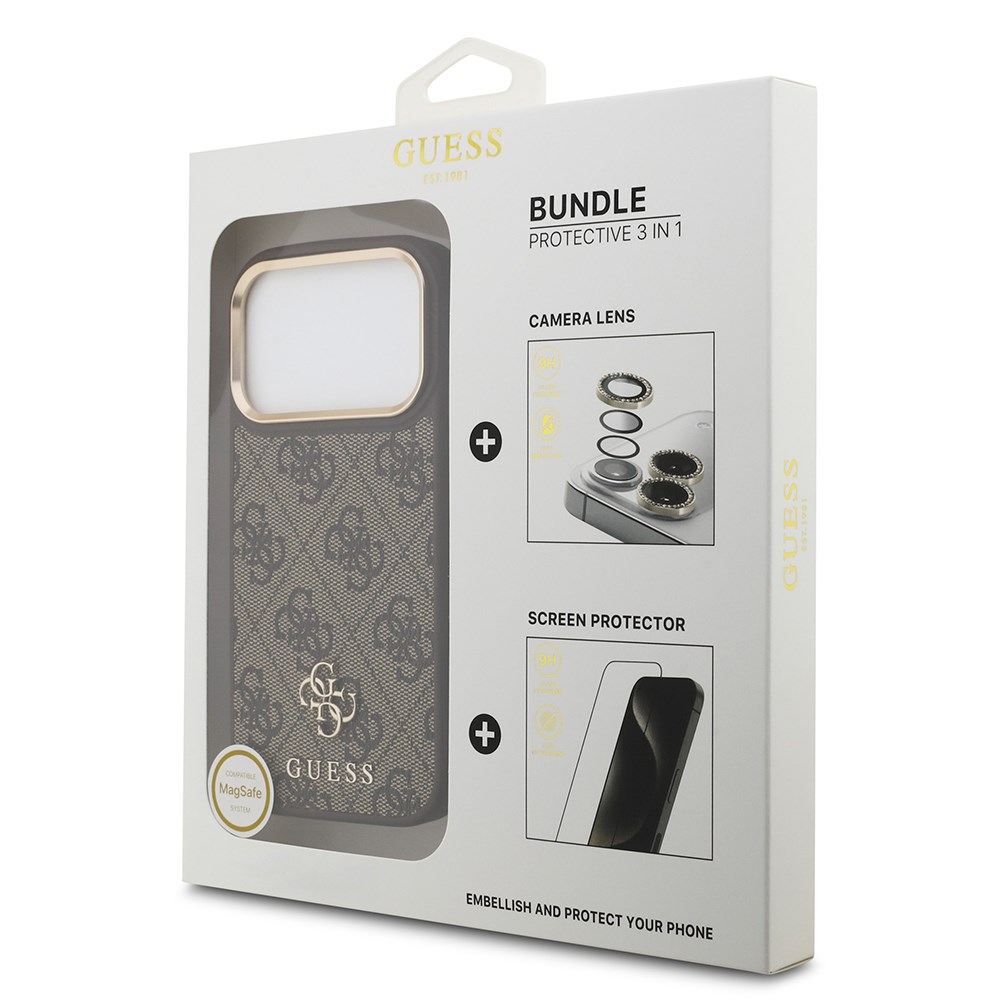 Apple iPhone 17 Pro Guess Orjinal Lisanslı 4G ve Yazı Logolu Kılıf + Ekran Koruyucu + Lens Koruyucu 3in1 Aksesuar Seti