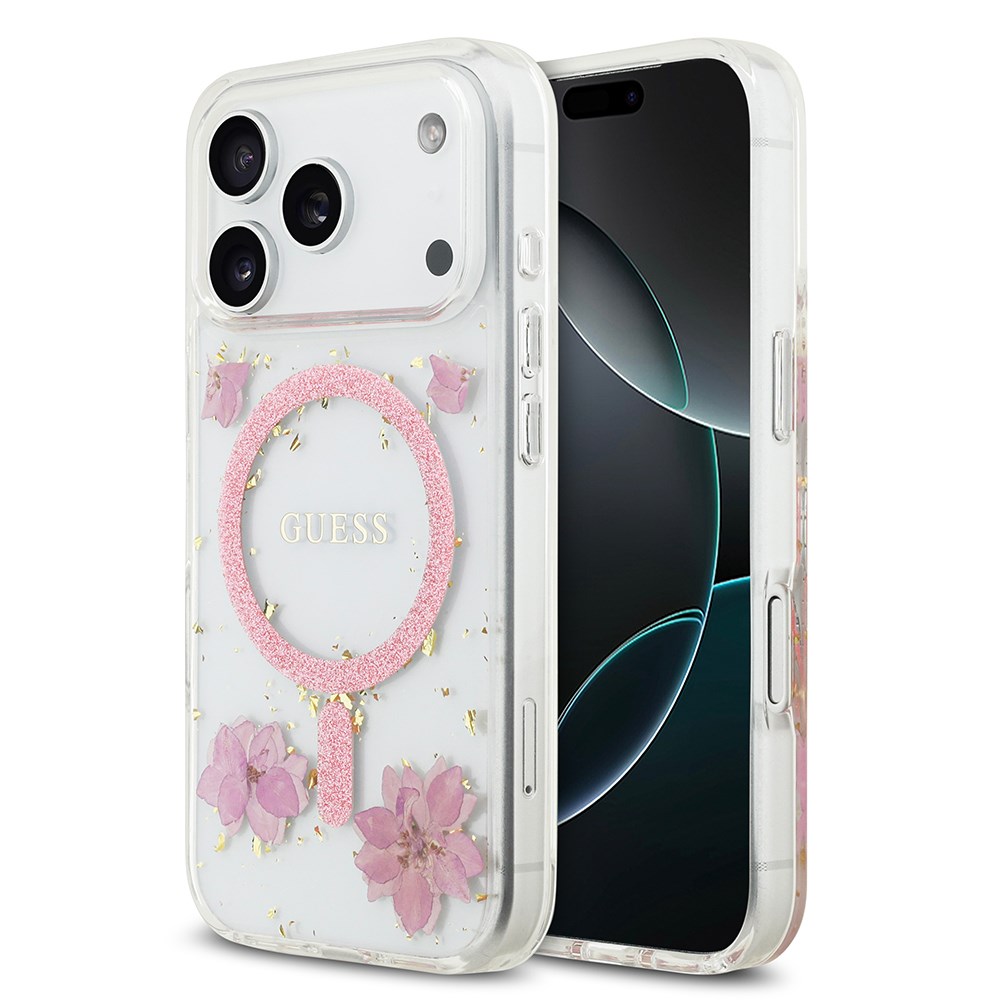 Apple iPhone 17 Pro Kılıf Guess Orjinal Lisanslı M-safe Şarj Özellikli Transparan Resin Flowers Kapak