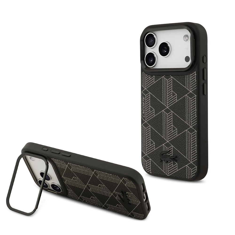 Apple iPhone 17 Pro Kılıf Lacoste Orjinal Lisanslı M-safe Şarj Özellikli Standlı PU Deri Karışık Monogram Desenli Kapak