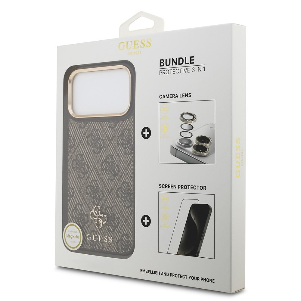 Apple iPhone 17 Pro Max Guess Orjinal Lisanslı 4G ve Yazı Logolu Kılıf + Ekran Koruyucu + Lens Koruyucu 3in1 Aksesuar Seti