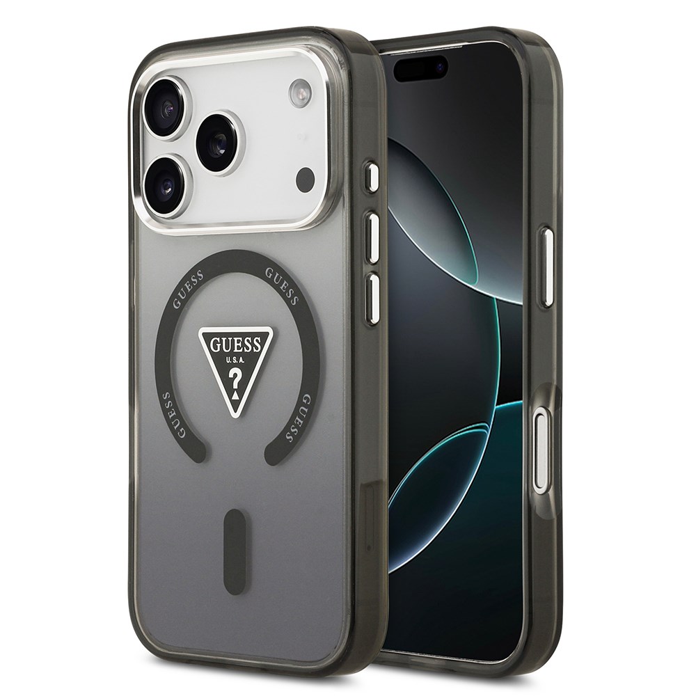 Apple iPhone 17 Pro Max Kılıf Guess Orjinal Lisanslı M-safe Şarj Özellikli IML Baskılı Üçgen Logolu Metal Kamera Çerçeveli Kapak