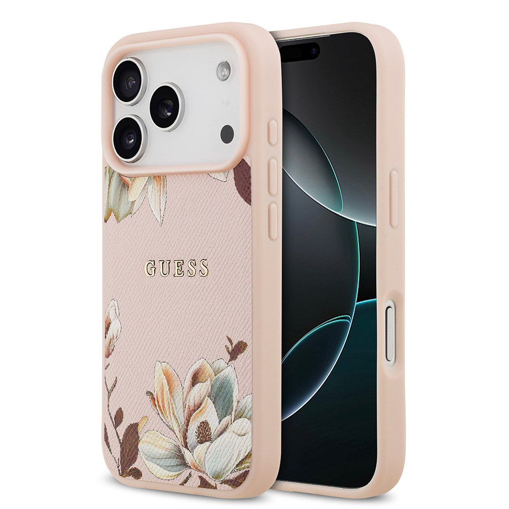 Apple iPhone 17 Pro Max Kılıf Guess Orjinal Lisanslı M-safe Şarj Özellikli Taneli Çiçek Tasarımlı Metal Yazı Logolu Kapak