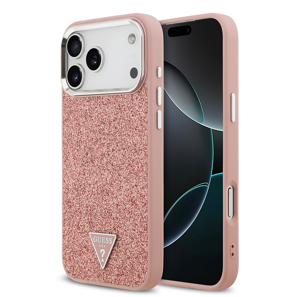 Apple iPhone 17 Pro Max Kılıf Guess Orjinal Lisanslı M-safe Şarj Özellikli Metal Kamera Çerçeveli Üçgen Logolu Glitter Kapak
