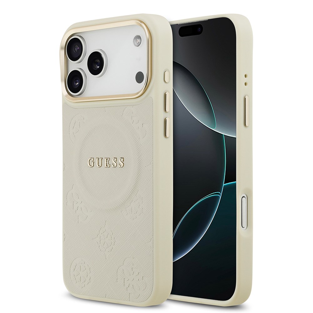 Apple iPhone 17 Pro Max Kılıf Guess Orjinal Lisanslı M-safe Şarj Özellikli Sıcak Baskılı Yazı Logolu PU Deri Peony Kapak