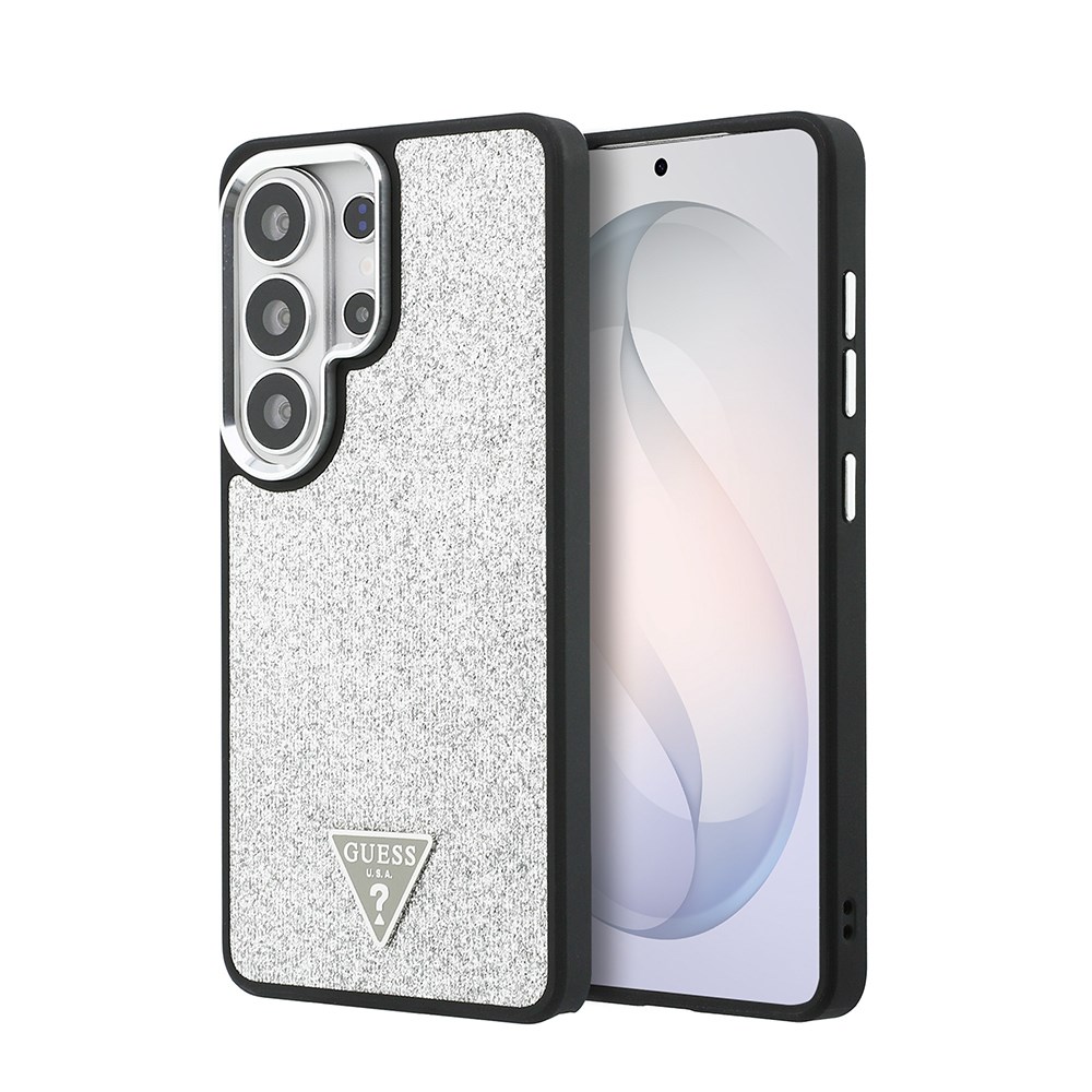 Galaxy S26 Ultra Kılıf Guess Orjinal Lisanslı M-safe Şarj Özellikli Metal Kamera Çerçeveli Üçgen Logolu Glitter Kapak