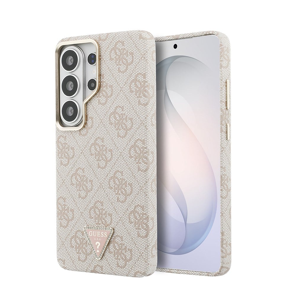 Galaxy S26 Ultra Kılıf Guess Orjinal Lisanslı M-safe Şarj Özellikli Gold Metal Kamera Çerçeveli Taşlı Üçgen Logo 4G Desenli Kapak