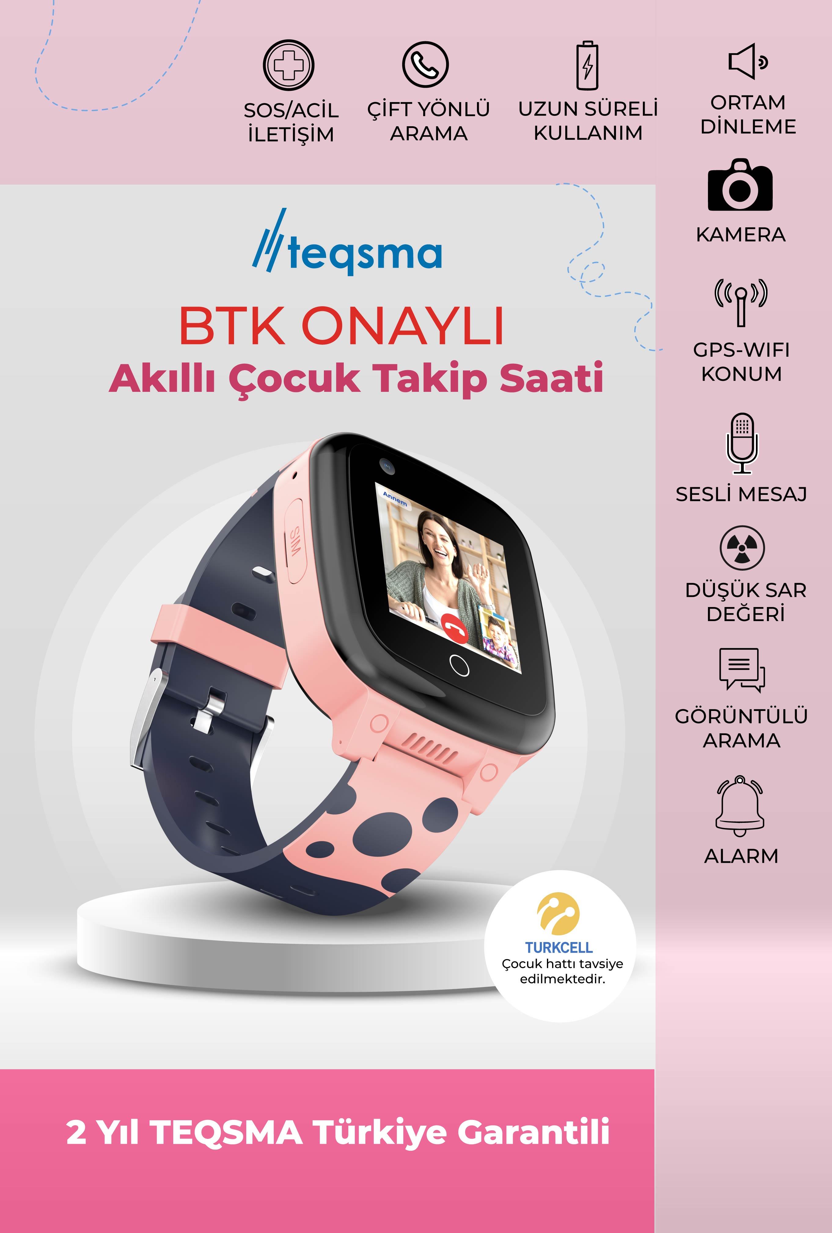 TEQSMA S25 Uz Akıllı Çocuk Saati- SOS, GPS Takibi, Görüntülü Görüşme, BTK Onaylı, Su Geçirmez 24 Ay Garantili Pembe