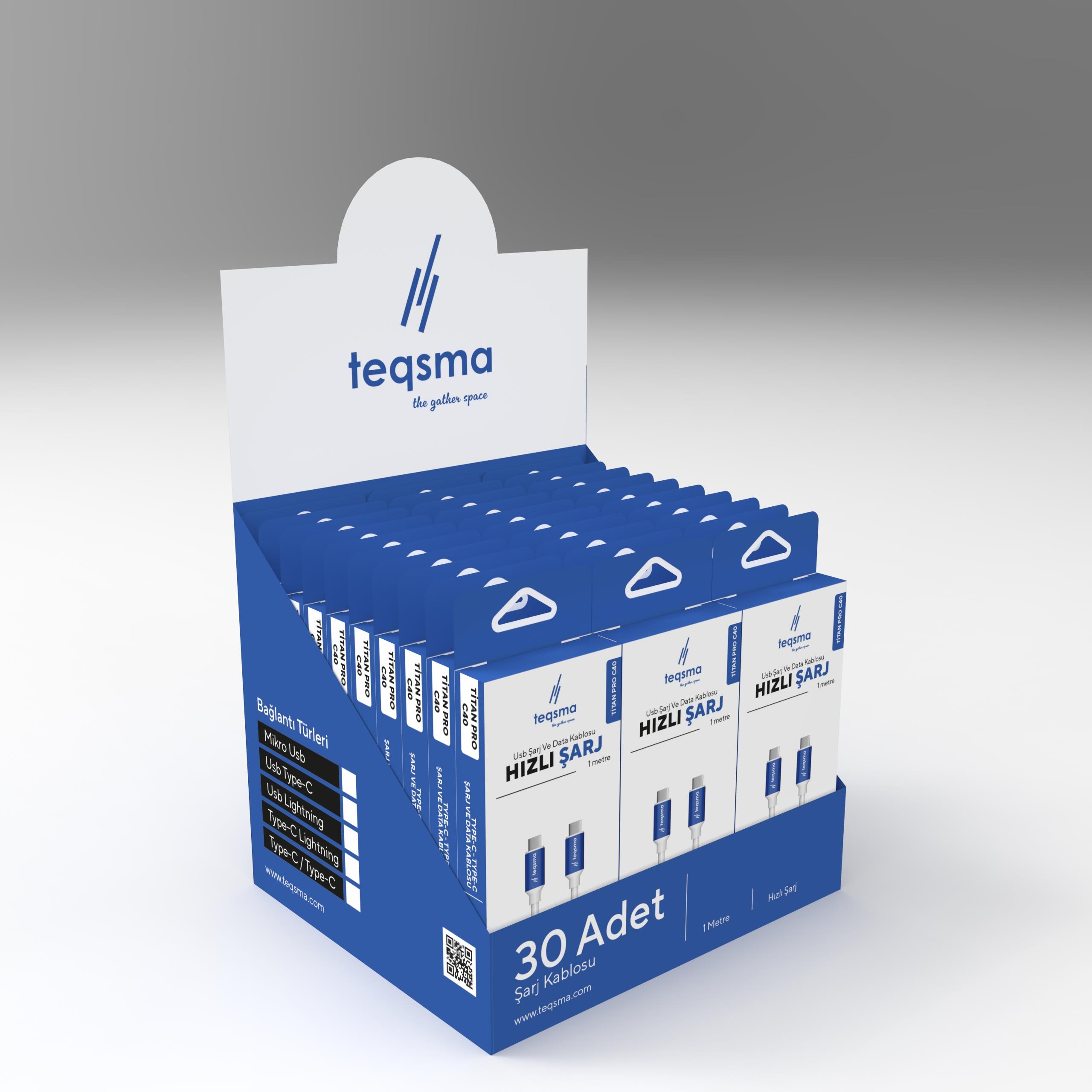 TEQSMA TITAN PRO C40 Type-C - Type-C Kablo 40W 100Cm 30'lu Koli