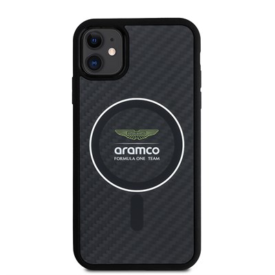 Apple iPhone 11 Kılıf Aston Martin Orjinal Lisanslı Magsafe Şarj Özellikli Renkli Halka ve Karbon Fiber Tasarımlı Kapak