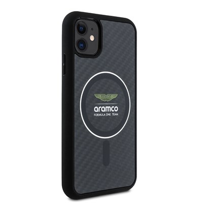 Apple iPhone 11 Kılıf Aston Martin Orjinal Lisanslı Magsafe Şarj Özellikli Renkli Halka ve Karbon Fiber Tasarımlı Kapak