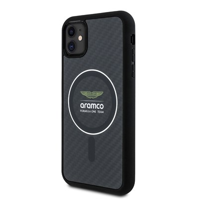 Apple iPhone 11 Kılıf Aston Martin Orjinal Lisanslı Magsafe Şarj Özellikli Renkli Halka ve Karbon Fiber Tasarımlı Kapak