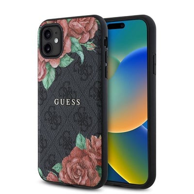 Apple iPhone 11 Kılıf Guess Orjinal Lisanslı Magsafe Uyumlu Gül Baskılı 4G Desenli Yazı Logolu Kapak