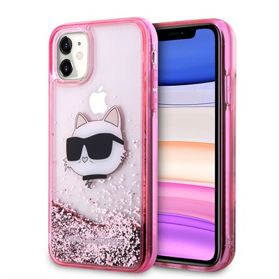 Apple iPhone 11 Kılıf Karl Lagerfeld Sıvılı Simli Choupette Head Dizayn Kapak