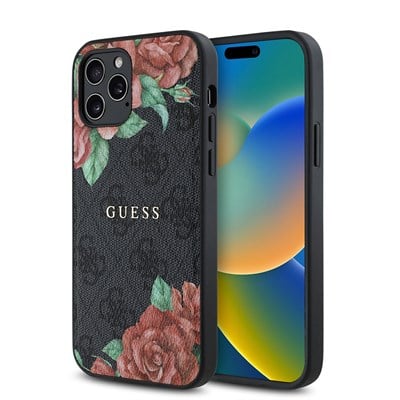 Apple iPhone 12 Pro Kılıf Guess Orjinal Lisanslı Magsafe Şarj Özellikli Gül Baskılı 4G Desenli Yazı Logolu Kapak