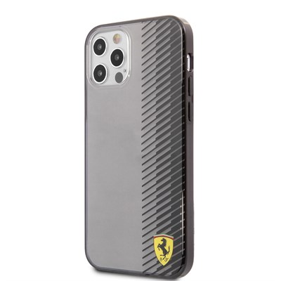 Apple iPhone 12 Pro Max Kılıf Ferrari Orjinal Lisanlı Klasik Metal Logolu Transparan Çizgi Desenli Gradient Kapak
