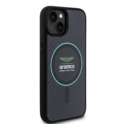 Apple iPhone 14 Kılıf Aston Martin Orjinal Lisanslı Magsafe Şarj Özellikli Renkli Halka ve Karbon Fiber Tasarımlı Kapak