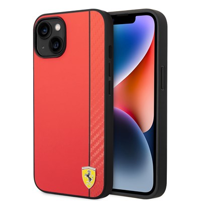 Apple iPhone 14 Kılıf Ferrari Orjinal Lisanslı Magsafe Şarj Özellikli Pu Deri Ve Karbon Şeritli Dizayn Kapak
