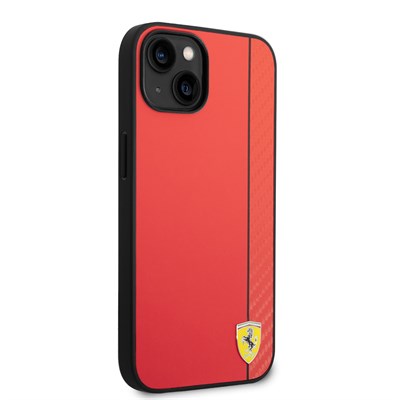 Apple iPhone 14 Kılıf Ferrari Orjinal Lisanslı Magsafe Şarj Özellikli Pu Deri Ve Karbon Şeritli Dizayn Kapak