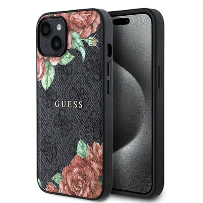 Apple iPhone 14 Kılıf Guess Orjinal Lisanslı Magsafe Şarj Özellikli Gül Baskılı 4G Desenli Yazı Logolu Kapak