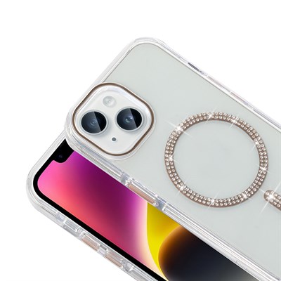 Apple iPhone 14 Kılıf Taşlı Tasarım M-safe Şarj Özellikli Zore Koment Silikon Kapak