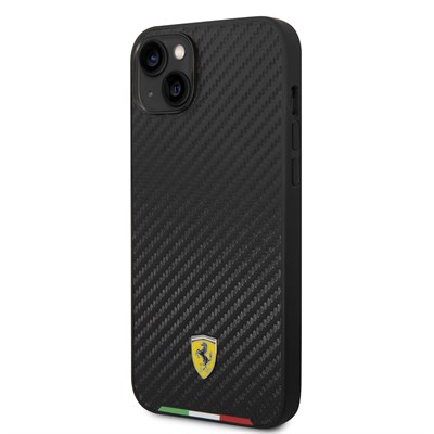 Apple iPhone 14 Plus Kılıf Ferrari Orjinal Lisanslı Magsafe Şarj Özellikli Karbon İtalyan Bayrak Dizayn Kapak