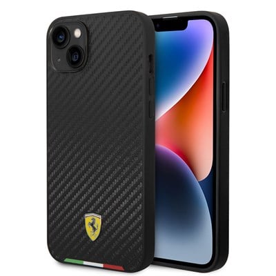 Apple iPhone 14 Plus Kılıf Ferrari Orjinal Lisanslı Magsafe Şarj Özellikli Karbon İtalyan Bayrak Dizayn Kapak