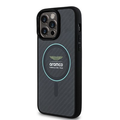 Apple iPhone 14 Pro Max Kılıf Aston Martin Orjinal Lisanslı Magsafe Şarj Özellikli Renkli Halka ve Karbon Fiber Tasarımlı Kapak
