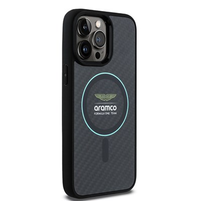 Apple iPhone 14 Pro Max Kılıf Aston Martin Orjinal Lisanslı Magsafe Şarj Özellikli Renkli Halka ve Karbon Fiber Tasarımlı Kapak