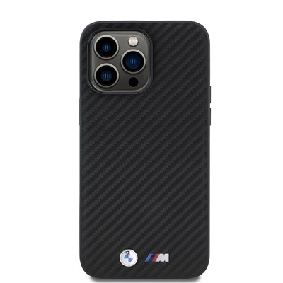 Apple iPhone 14 Pro Max Kılıf BMW Orjinal Lisanslı M-safe Şarj Özellikli Karbon Fiber Görünümlü ve Metal Logolu PU Deri Kapak