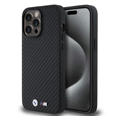 Apple iPhone 14 Pro Max Kılıf BMW Orjinal Lisanslı M-safe Şarj Özellikli Karbon Fiber Görünümlü ve Metal Logolu PU Deri Kapak