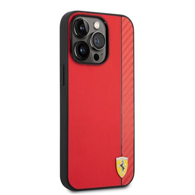 Apple iPhone 14 Pro Max Kılıf Ferrari Magsafe Şarj Özellikli PU Deri Karbon Şeritli Dizayn Kapak