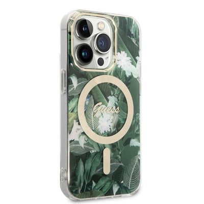 Apple iPhone 14 Pro Max Kılıf GUESS Magsafe Şarj Özellikli Yaprak Desenli Magsafe Şarj Kablolu Kapak