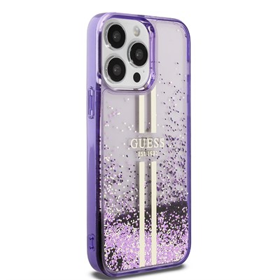 Apple iPhone 14 Pro Max Kılıf Guess Orjinal Lisanslı Transparan Sıvılı Simli Altın Çizgili Kapak