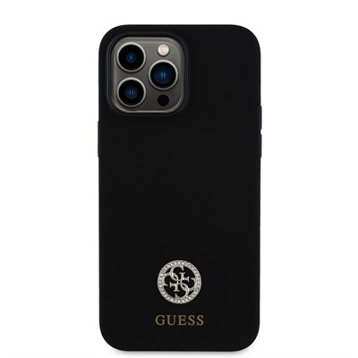 Apple iPhone 14 Pro Max Kılıf Guess Orjinal Lisanslı Yazı ve Taşlı 4G Logolu Silikon Kapak