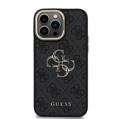 Apple iPhone 14 Pro Max Kılıf Guess Orjinal Lisanslı PU Deri 4G Desenli Metal Büyük 4G ve Yazı Logolu Kamera Standlı Kapak