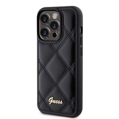 Apple iPhone 14 Pro Max Kılıf Guess Orjinal Lisanslı PU Deri Metal Yazı Logolu Kapitone Kapak